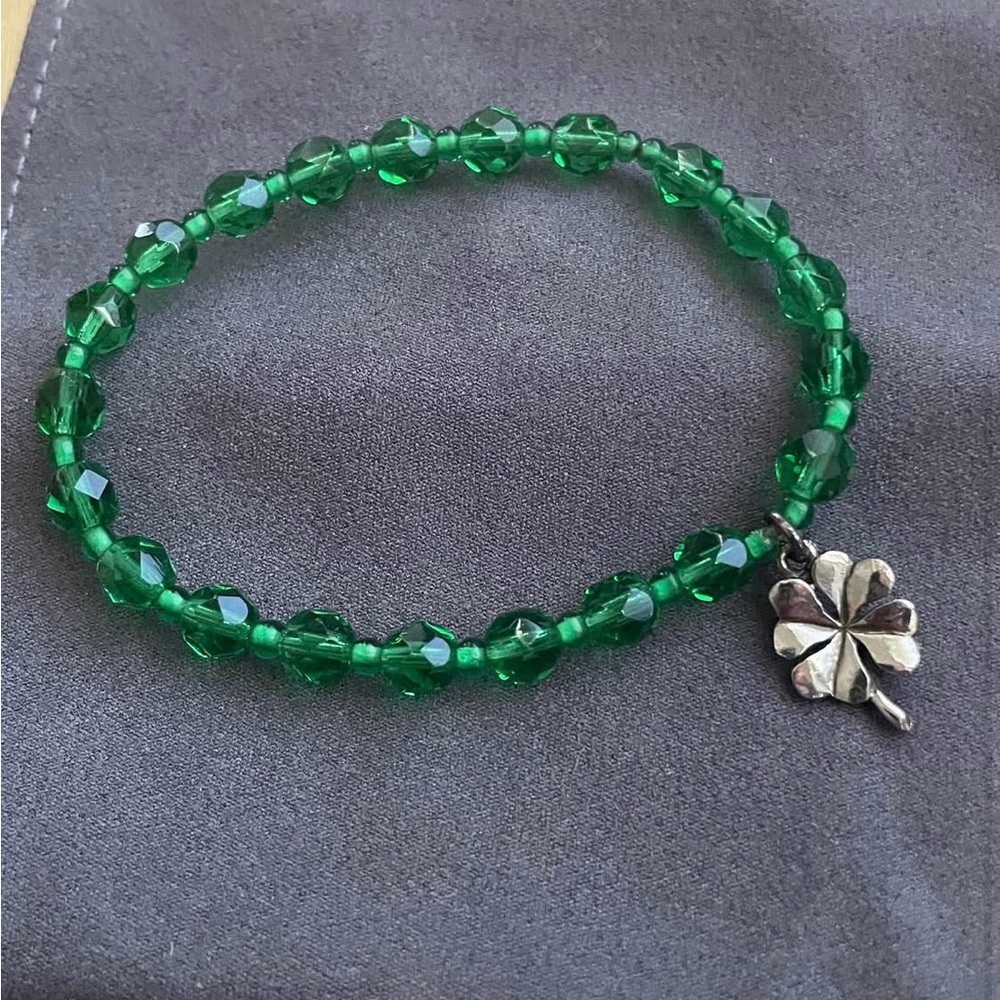 Green Glass Beaded Bracelet with Silver-tone Clover Charm